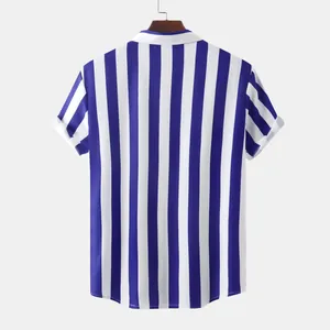 Back view of men's short-sleeved shirt with bold vertical blue and white stripes.