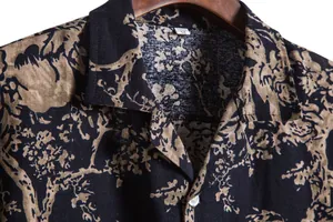 Close-up of vintage Hawaiian printed men's short sleeve shirt with cotton linen texture