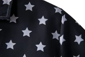 Detailed view of a black men's short sleeve Hawaiian shirt with white star print patterns