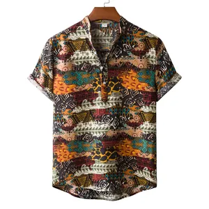 Men's summer short sleeve shirt with vibrant ethnic tribal patterns and henley collar