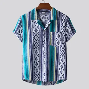 Short-sleeved men's Hawaiian shirt featuring ethnic geometric diamond patterns.