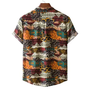 Back view of a men's short sleeve shirt with vibrant ethnic geometric print pattern.