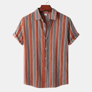 Casual short-sleeved men's shirt featuring orange and grey vertical striped pattern
