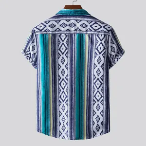 Back view of men's tribal print Hawaiian short sleeve shirt showing details