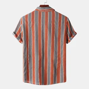 Back view of a summer Hawaiian style vertical striped casual beach shirt for men