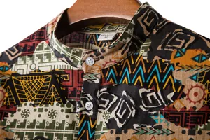 Close-up of ethnic geometric pattern and collar detail on men's shirt