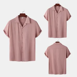 Detailed view of a dusty pink men's casual short sleeve shirt with a cuban collar