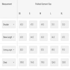 Detailed size chart for men's slim fit wool coat with shoulder and chest dimensions