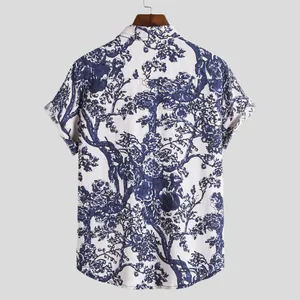 Detailed back view of a men's Hawaiian casual shirt with blue vintage tree print