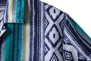 Macro view of the blue ethnic geometric pattern and high-quality fabric texture of the shirt