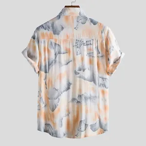 Back view of men's short sleeve shirt showing orange and grey abstract tie-dye pattern