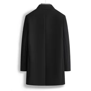 Macro detail view showing the back profile of a men's slim-fit black wool overcoat