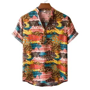 Detailed view of men's short-sleeved shirt with vibrant ethnic tribal patterns and stand collar