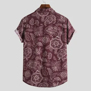 Back view detail of burgundy paisley print short-sleeve casual men's shirt