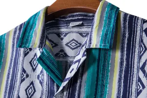 Close-up detail of ethnic print collar on men's Hawaiian short sleeve shirt