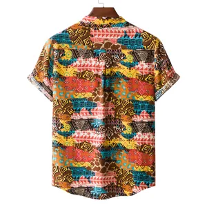 Back view of a men's short-sleeved shirt with vibrant tribal geometric print.