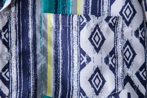 Close-up of ethnic geometric print and pocket on a men's Hawaiian shirt