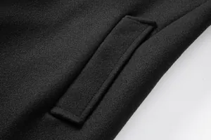 Close-up of premium black woolen fabric and pocket detail of a men's winter overcoat.