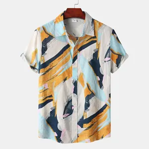Summer men's short-sleeve button-down shirt featuring a colorful abstract paint stroke print