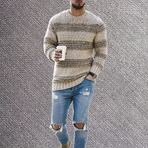 Full view of men's casual striped knit sweater featuring round neck and thick texture