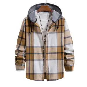 Camicia elegante a maniche lunghe a quadri gialli da uomo con cappuccio e lacci