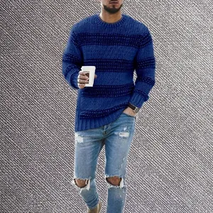 Detail view of a men's blue striped knitted sweater with a casual crewneck design