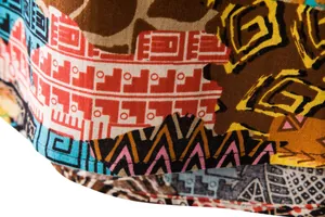 Close-up macro shot of vibrant ethnic tribal pattern on casual men's cotton shirt sleeve