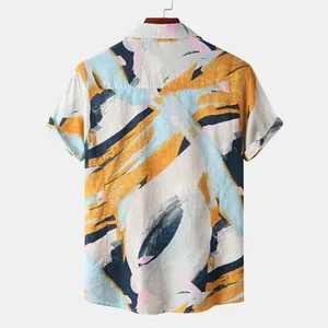 Rear view of a men's summer Hawaiian shirt with vibrant abstract print