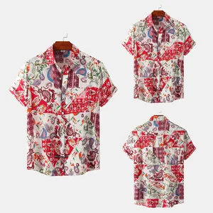 Detailed view of men's summer short-sleeved shirt with vibrant paisley patchwork print