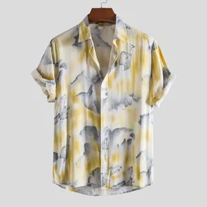 Vintage abstract yellow floral print men's short sleeve casual shirt for summer fashion