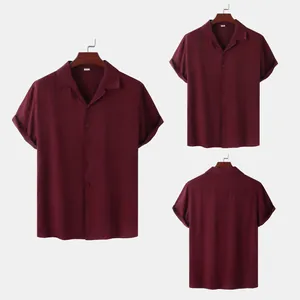 Detailed front and back views of a burgundy short-sleeve men's casual shirt with a camp collar