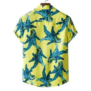 Back view of a men's yellow Hawaiian shirt featuring vibrant tropical palm leaf prints