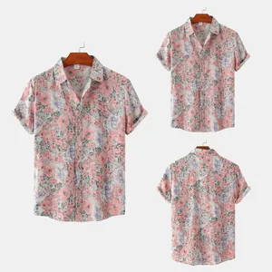 Camicia vintage a maniche corte da uomo con vivace stampa floreale rosa e viola