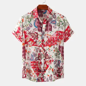 Detailed view of men's colorful paisley print short sleeve button-down summer shirt