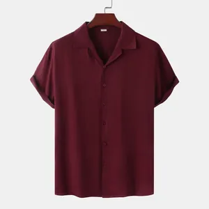 Burgundy short sleeve men's shirt with classic lapel collar and button front