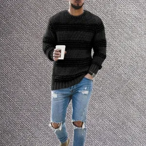 Men's autumn winter striped knit sweater featuring a casual crew neck and thick texture