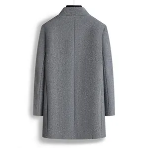 Back view detail of a slim-fit grey wool coat for men, mid-length winter outerwear piece