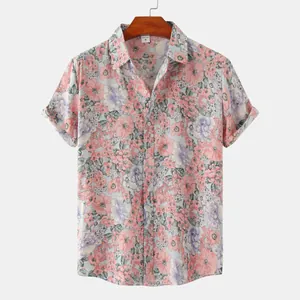 Camicia vintage da uomo a maniche corte con stampa floreale rosa e viola per l'estate