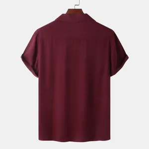 Close-up back view of a wine red short-sleeved shirt showing the yoke and seam detail.