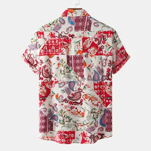 Back view of men's summer short sleeve shirt with vibrant paisley floral print