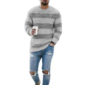 Men's casual round neck striped knit sweater in gray for autumn and winter