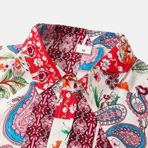 Detailed close-up view of a colorful paisley print summer floral shirt collar for men