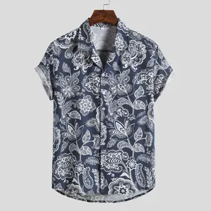 Men's navy short sleeve shirt with vintage white paisley floral print detail view