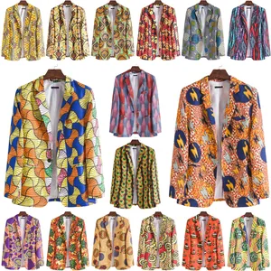 Herren Afrikanisch Ethnisch Druck Slim Fit Sakko Kerbrevers Anzugjacke Mode Stammes Geometrisches Muster Einreiher Top