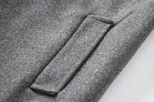 Close-up macro detail of pocket flap and wool fabric texture on men's grey overcoat