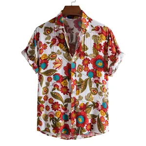 Men's stylish casual short-sleeve button-down shirt with vibrant tropical floral print