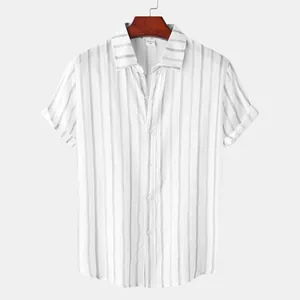 Detailed view of white short-sleeve shirt with vertical stripes and wooden hanger