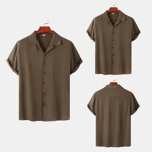 Men's casual short-sleeved brown shirt with button-front and camp collar detail