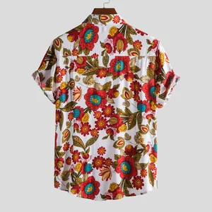 Back view of men's casual floral short sleeve shirt with vibrant red and blue patterns
