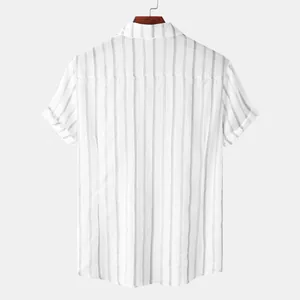Back view of a white and grey vertical striped short-sleeved men's leisure beach shirt